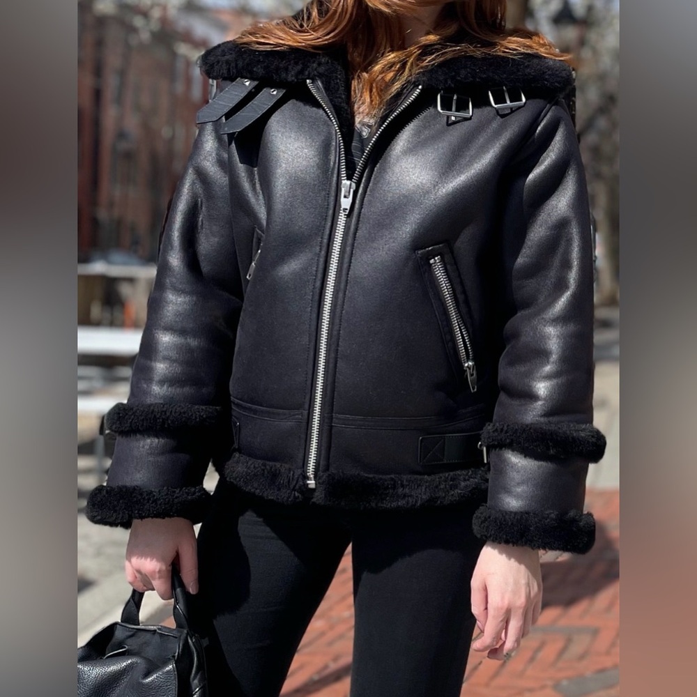 The Kooples Vegan Black Leather Aviator Jacket with Faux Shearling Trim - Picture 3 of 5